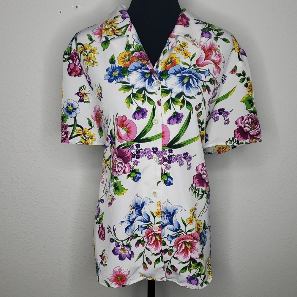 Vintage Susan Graver Floral Butterfly Novelty Button Up Shirt Size 1X Bohemian